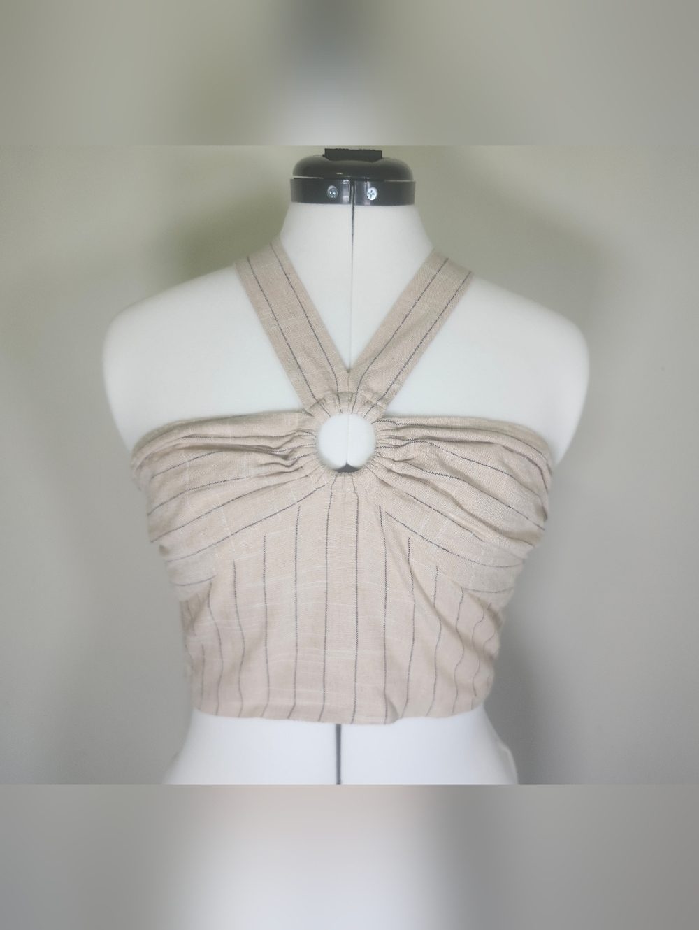 Zara Striped Sand- Mari Linen Blend Ring Detail Halter Crop Top Shirt S SM NWT